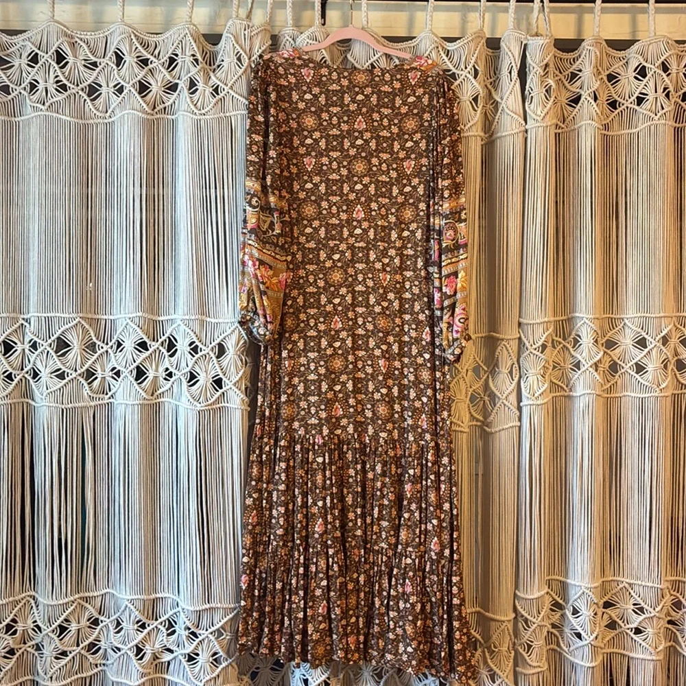 NWT💫Exclusive💫 Spell/Free People Madame Peacock Button Thru Gown in Coffee med - Picture 9 of 12